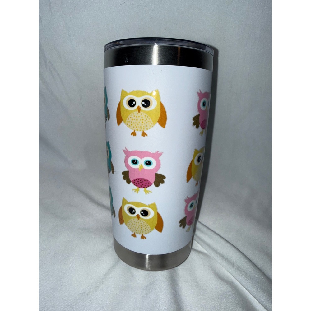 Owl Print Insulated Stainless Steel Tumbler Travel Mug with Lid White 20oz